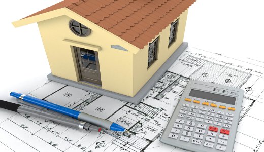 Planning home: blueprint, pencil and calculator. 3D rendering